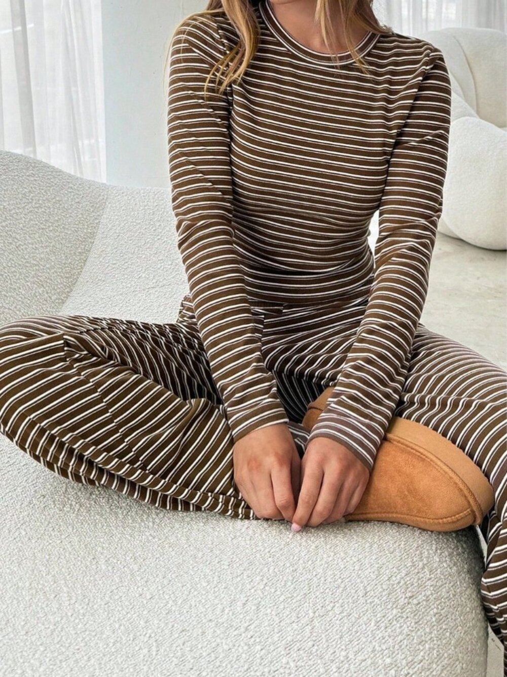 Brown Striped Casual Women's Rib-Knit Round Neck Slim Fit Pajama Set